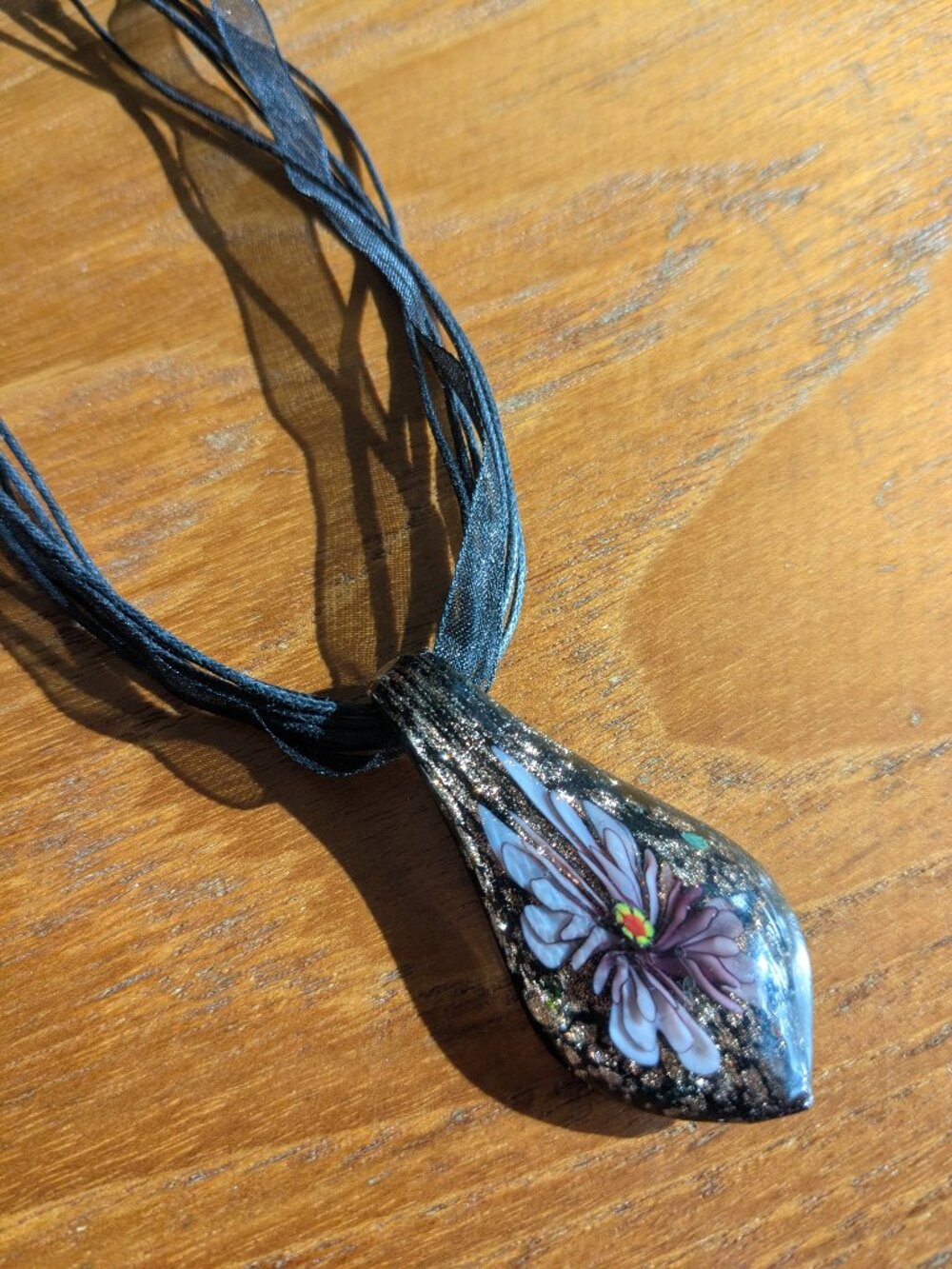 Murano Style Millefiori Glass Floral Pendant Necklace Black Ribbon Cord